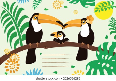 Vector illustration with toucans. Dad, mom and baby are sitting on a branch of an exotic tree. Toucans family. Card. Tropical summer cartoon.