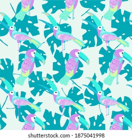 Vector illustration with toucans. Hand drawn drawing about birds. Seamless pattern for boys and girls. Children's design template for fabrics and textiles