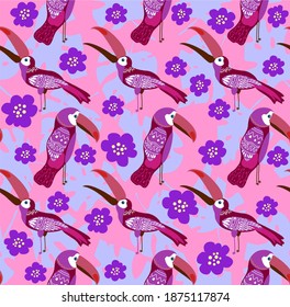Vektorgrafik mit Toucans. Handgezeichnet über Vögel. Nahtlose Muster für Jungen und Mädchen. Muster für Kinderdesign für Gewebe und Textilien
