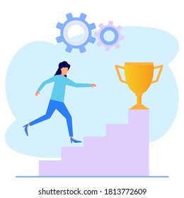 Vektorgrafik. Berühren Sie die große Trophäe mit der Leiter, der Sieg eines Rennens. Gewinnerpreis mit der besten Punktzahl.