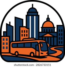 Vector illustration of a tour bus driving through a modern city skyline.