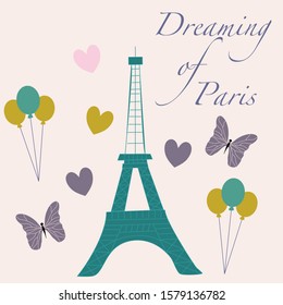vector illustration with tour eiffel, butterflies and balloons, perfect to use on the web or in print