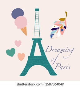 vector illustration with tour eiffel, ice cream and colorful leave, perfect to use on the web or in print