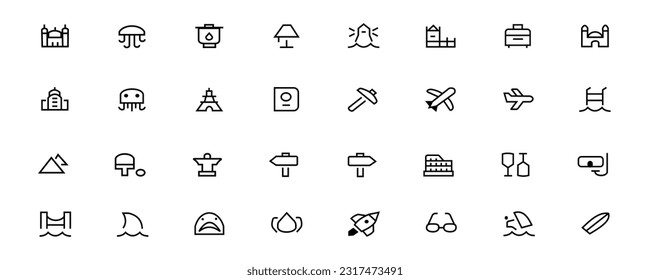 Vector illustration of tour and travel outline icon set