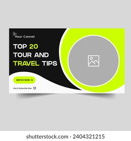 Vector illustration tour and travel tips and tricks video thumbnail banner design, journey the world ways video cover banner design, editable vector eps 10 file format