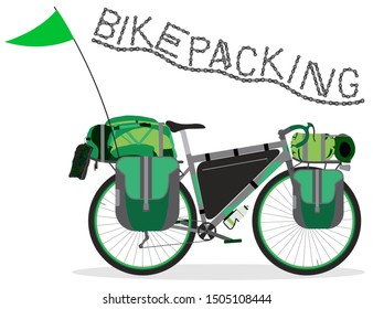 Vector illustration of touring bicycle with bags. Bikepacking bike with camping and travel gear on white background