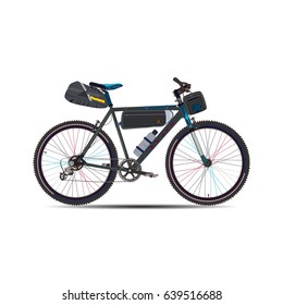 Vector illustration of touring bike with saddlebag, frame bag and handlebar bag. Road racing bicycle with bikepacking gear. Flat style design.