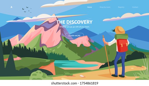 Vector illustration for tourism banner, slider design. Adventure of a young man in the mountains, travel on hiking trails. Website banner Discovery theme.