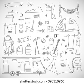 Vector illustration of tourism and camping elements. Hand drawn doodle.