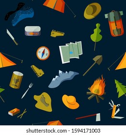 Vector illustration with tourism elements: tents, map, knife, hatchet, shovel, trekking boots, bonfire, canned goods,fork on a blue, marine, indigo background. Seamless pattern. EPS10