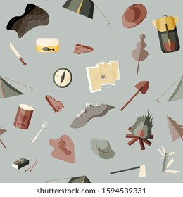 Vector illustration with tourism elements: tents, map, Swiss knife, hatchet, shovel, trekking boots, bonfire, canned goods,fork on a grey background. Seamless pattern. EPS10