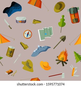 Vector illustration with tourism elements: tents, map, Swiss knife, hatchet, shovel, trekking boots, bonfire, canned goods,fork on a lilac, beige, faded pink background. Seamless pattern. EPS10