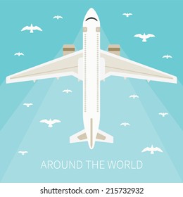 Vector illustration for tourism industry, travelling on airplane, planning summer vacations.