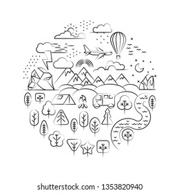Vector illustration. Tourism and outdoor recreation. Landscape in flat linear style. Mountains, hills, clouds, trees, camp, river. Nature, ecology and environment.
