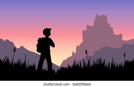 vector illustration of a tourist with a backpack in a field looking at a mountain at dawn