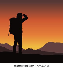 Vector illustration of a tourist with a backpack looking in the distance in a mountain landscape under an orange sky in the morning sunrise