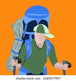 Vector illustration of a tourist with a backpack on a hike.