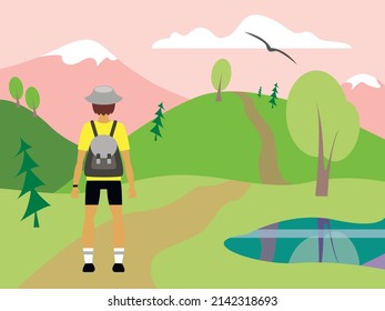 Vector illustration - a tourist in a bright yellow T-shirt stands on a path against a beautiful summer mountain landscape with a lake and a space to copy. Concept - active lifestyle and trekking