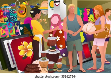 A vector illustration of tourist buying local souvenir