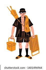 Vector Illustration Of A Tourist Carrying An Umbrella, A Folding Chair, A Towel And A Cooler, Cartoon Style.