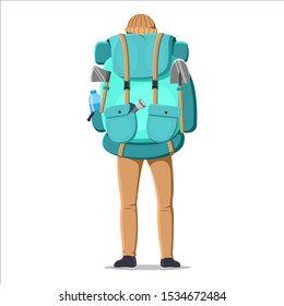 Vector illustration of tourist in cartoon style. Travel backpack.