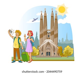 Vector illustration of tourist couple taking a selfie at Sagrada Familia, a large Roman Catholic church in Barcelona, Spain, designed by Catalan architect Antoni Gaudi