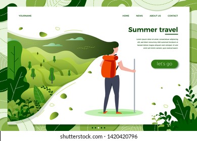 Vector illustration - tourist girl with backpack on summer travel, forests, trees and hills on green background. Banner, site, poster template with place for your text.