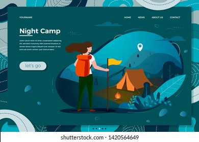 Vector Illustration - Tourist Girl With Backpack, Night Summer Camp, Forests, Trees And Hills On Dark Background. Banner, Site, Poster Template With Place For Your Text.