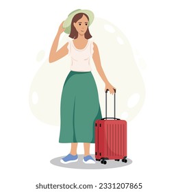 Ilustración vectorial de una chica turística con sombrero y maleta. Aislado sobre un fondo blanco. El concepto de turismo, viajes aéreos, viajes. 