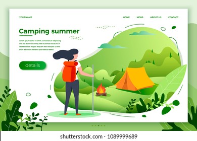 Vector illustration -  tourist girl looking on camping place with bonfire. Forests, trees and hills on green background. Banner, site, poster template with place for your text.