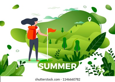 Vector illustration -  tourist girl looking on mountain to climb. Forests, trees and hills on green background. Banner, site, poster template with place for your text.