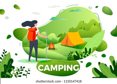 Vector illustration -  tourist girl looking on camping place with bonfire. Forests, trees and hills on green background. Banner, site, poster template with place for your text.