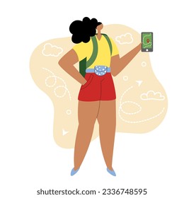  Vector illustration of a tourist girl with a phone in her hands. Flat style illustration. The concept of tourism, travel.