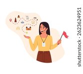 Vector illustration of a tourist guide. Cartoon scene of a woman tourist guide with a flag, leading tourists along the route, showing landmarks,architectural monuments isolated on a white background.