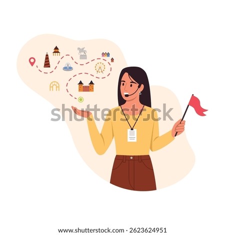 Vector illustration of a tourist guide. Cartoon scene of a woman tourist guide with a flag, leading tourists along the route, showing landmarks,architectural monuments isolated on a white background.