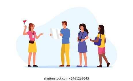 Vector illustration of a tourist guide girl. Cartoon scene of a pretty girl tour guide holding a red flag, with badge, guy with map, girl with camera, smartphone isolated on white background.