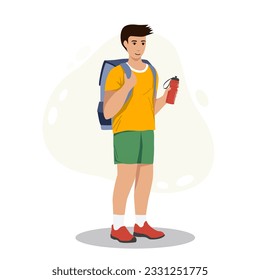 Vector illustration of a tourist guy with a backpack and a bottle of water. Isolated on a white background. The concept of tourism, hike, journey.