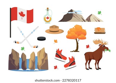 Ilustración vectorial de artículos turísticos en Canadá. Colección de símbolos, íconos y atracciones nacionales canadienses. Conjunto de elementos de diseño de la bandera, montañas, arce, alce, sombrero, palos de estilo étnico.