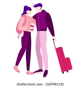 Vector illustration of tourist with laggage and handbag. Isolated illustration of romantic couple with a suitcase on their vacation