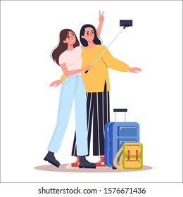 Vector illustration of tourist with laggage and handbag. Isolated illustration of two female character with a suitcase on their vacation. Friend taking a selfie