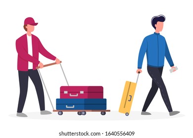 Vector illustration of tourist with laggage and handbag. Isolated illustration of male character with a suitcase on her vacation