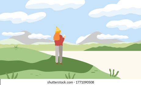 Vector illustration: a tourist looking at a beautiful cloud with natural hills