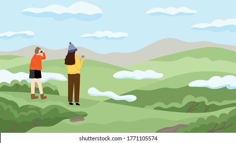 Ilustración del vector: un turista mirando una hermosa nube con colinas naturales