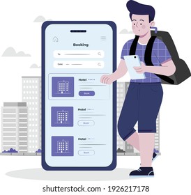  Vector Illustration Of Tourist With Luggage Making Hotel Room Reservation Via Smartphone. Hotel Mobile Booking Concept. Book Your Hotel Online Landing Page Website Template.