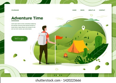 Vector illustration -  tourist man looking on camping place with bonfire. Forests, trees and hills on green background. Banner, site, poster template with place for your text.