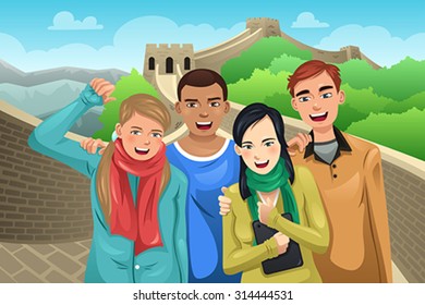 A vector illustration of tourist posing in great wall of China