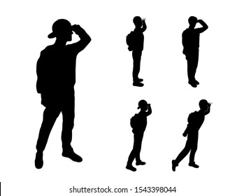 Vector illustration. Tourist silhouettes. The guy looks away. A man with a backpack and binoculars watches by nature. Male silhouette. Concept of discovery, exploration, hiking, adventure tourism