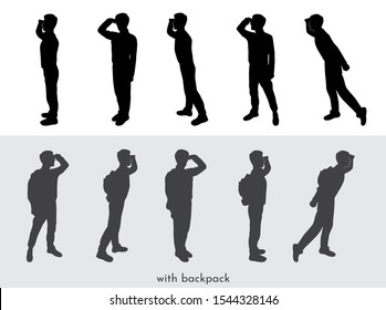 Vector illustration. Tourist silhouettes. The guy looks away. A man with a backpack and binoculars watches by nature. Elements for design invitations, gift cards, flyers and brochures. Male silhouette