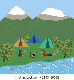 Vector illustration of touristic camp in mountains
