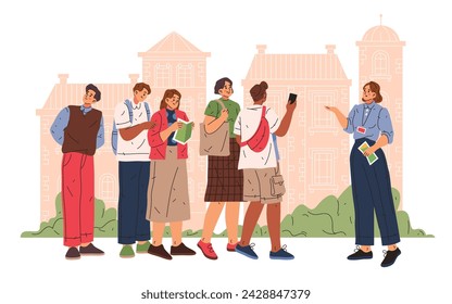 Vector illustration of touristic group at excursion with speaker or guide. Outdoor city sightseeing for tourist or traveler characters. Historical exposure or exposition, cultural or architecture tour